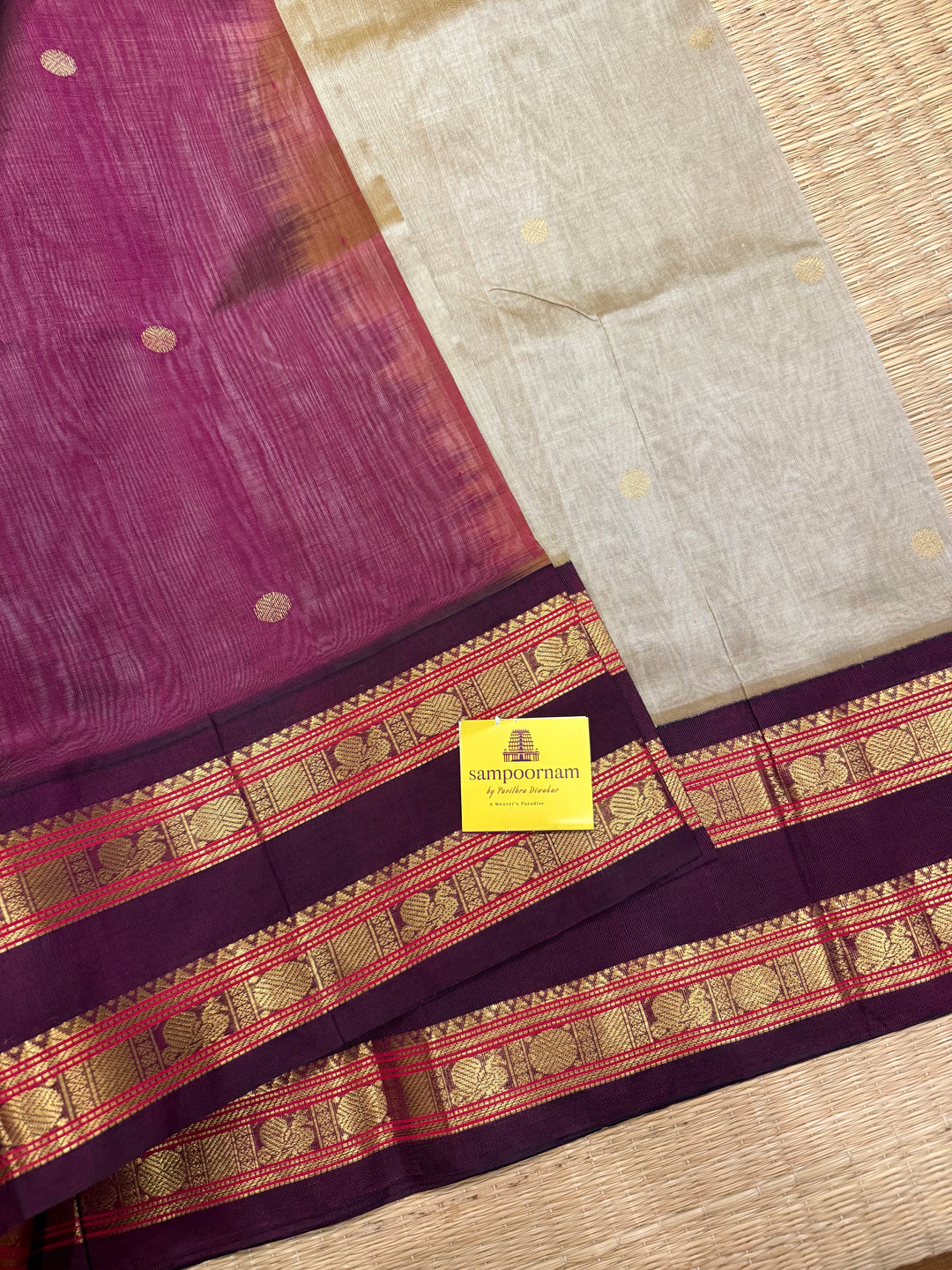 Light Gold  ,rich zari butta in the body , Kanchi rich border and traditional Pallu Korvai Silk Cotton SareeGold with Dark Maroon
