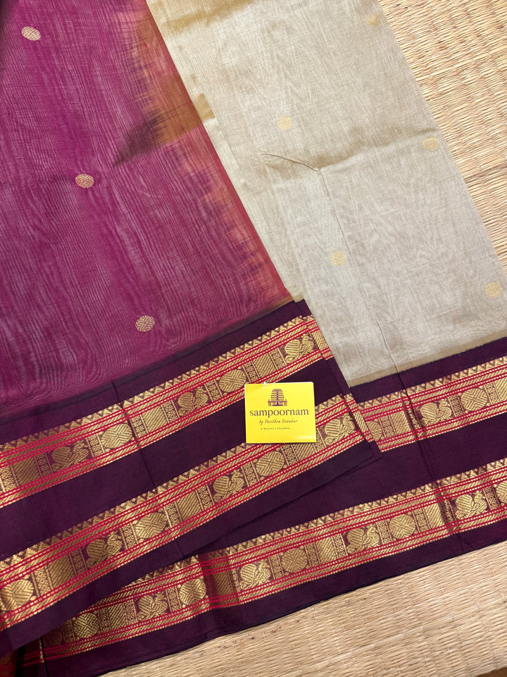 Light Gold  ,rich zari butta in the body , Kanchi rich border and traditional Pallu Korvai Silk Cotton SareeGold with Dark Maroon