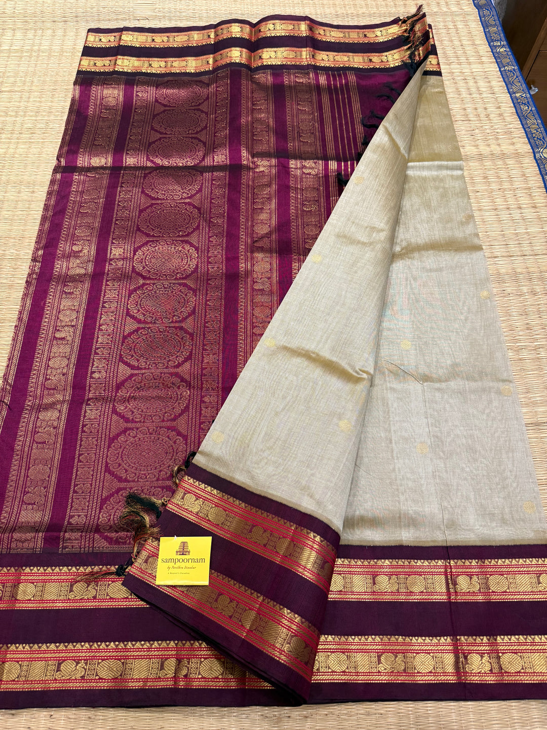 Light Gold  ,rich zari butta in the body , Kanchi rich border and traditional Pallu Korvai Silk Cotton SareeGold with Dark Maroon