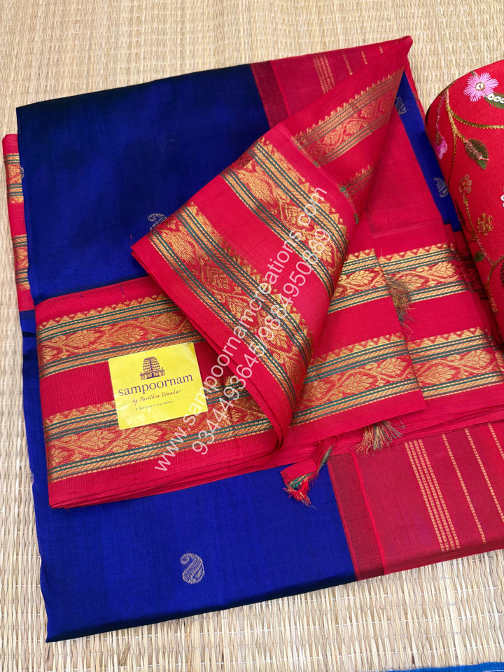 MS Blue with Red , rich Mango Zari butta in the body , Rettapet border and  Grand Pallu Korvai Silk Cotton Saree