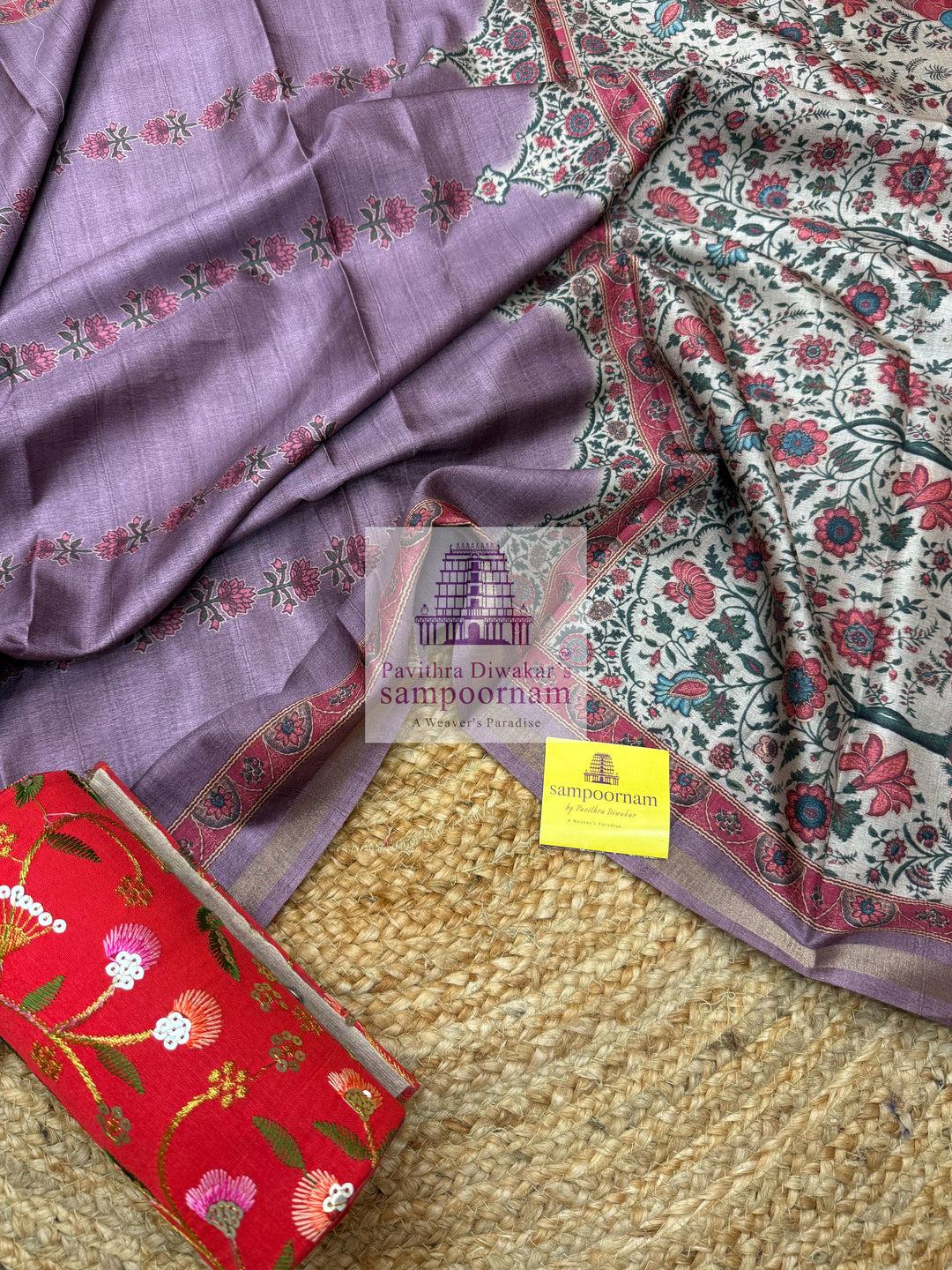 Purple Semi Tussar with Floral Print in the top and  cutwork Embroidery ,Plain bottom and Printed Dupatta