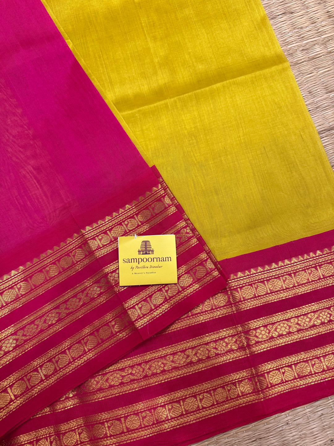 Lemon Yellow with Pink ,rich big Kanchi traditional border and grand Pallu Korvai Silk Cotton Saree