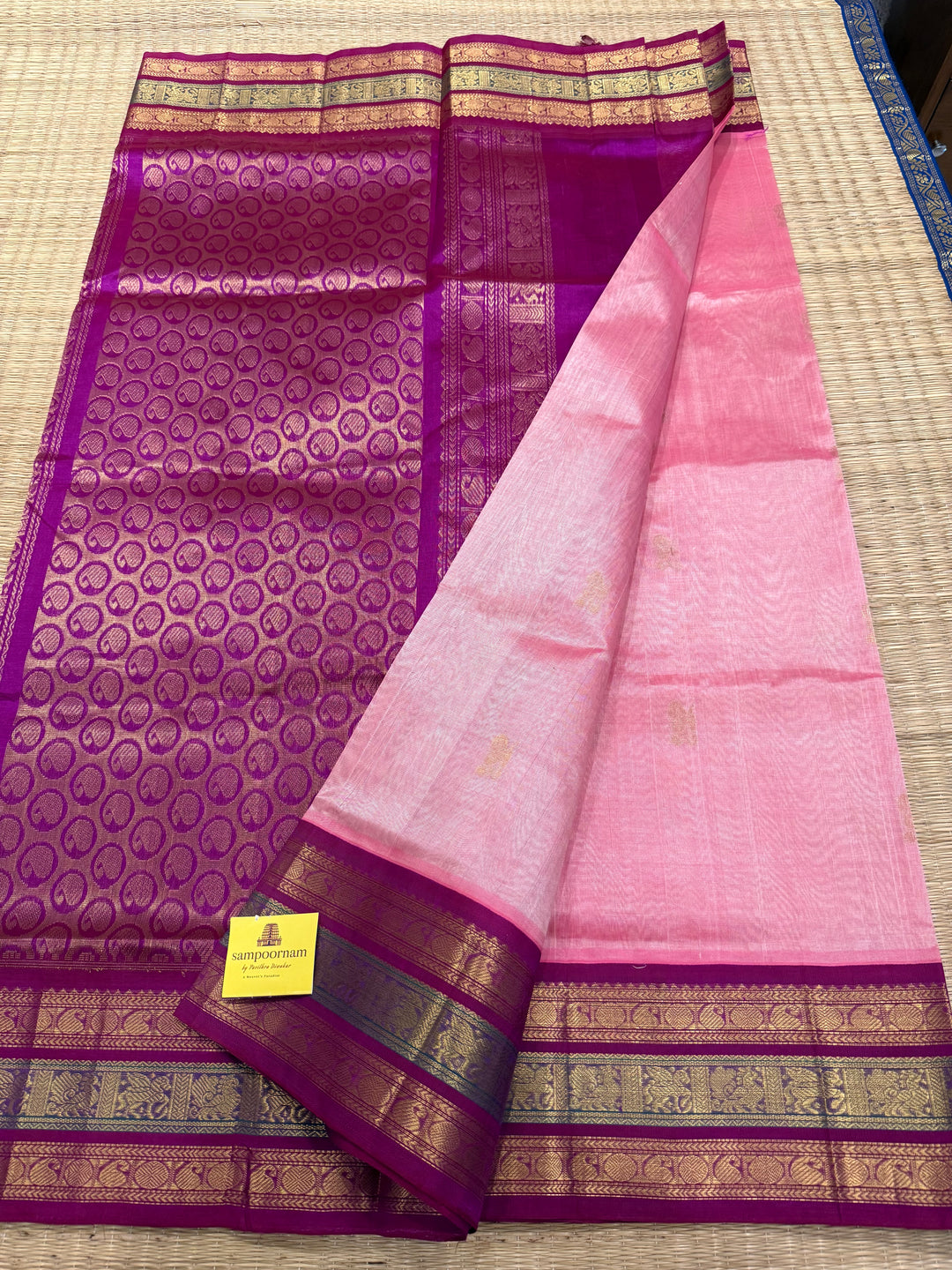 Onion Pink with Magenta , zari butta in the body , Kanchi rich border and traditional Pallu Korvai Silk Cotton Saree