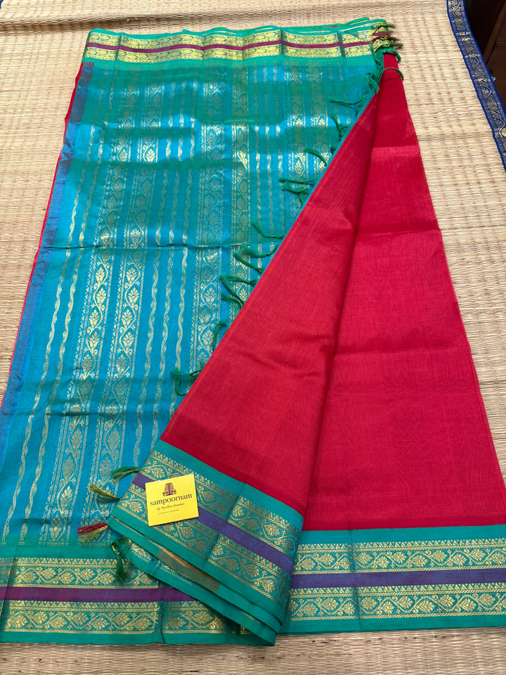 Pinkish Red with Ganga Jamuna border Green and Turquoise Blue  traditional borders rich Pallu Korvai Silk Cotton Saree