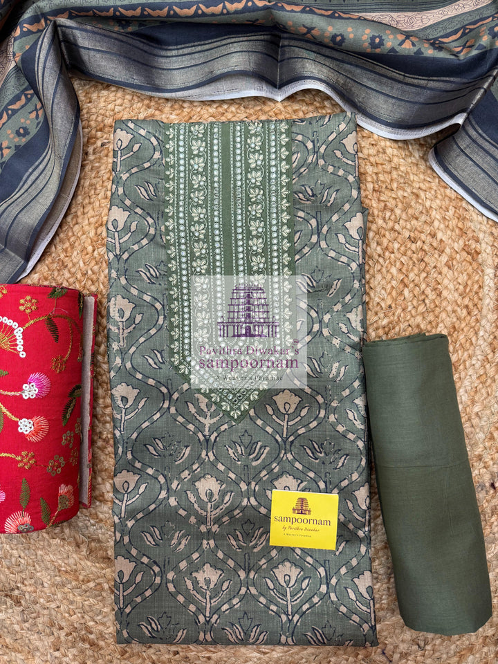 Green top with Floral Print and Embroidary Yokse  ,Plain Bottom with Printed Dupatta - Semi Tussar Salwar Material