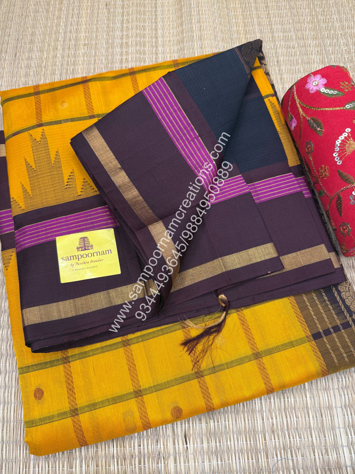 Mustard with Brown , checks with zari buttain the body , temple design  Rettapet borders , Grand Pallu Korvai Silk Cotton Saree
