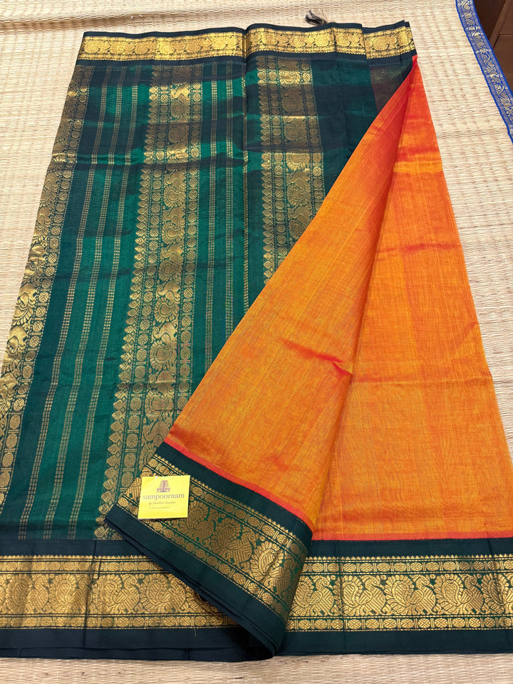 Rust Orange with Dark Green traditional borders rich Pallu Korvai Silk Cotton Saree