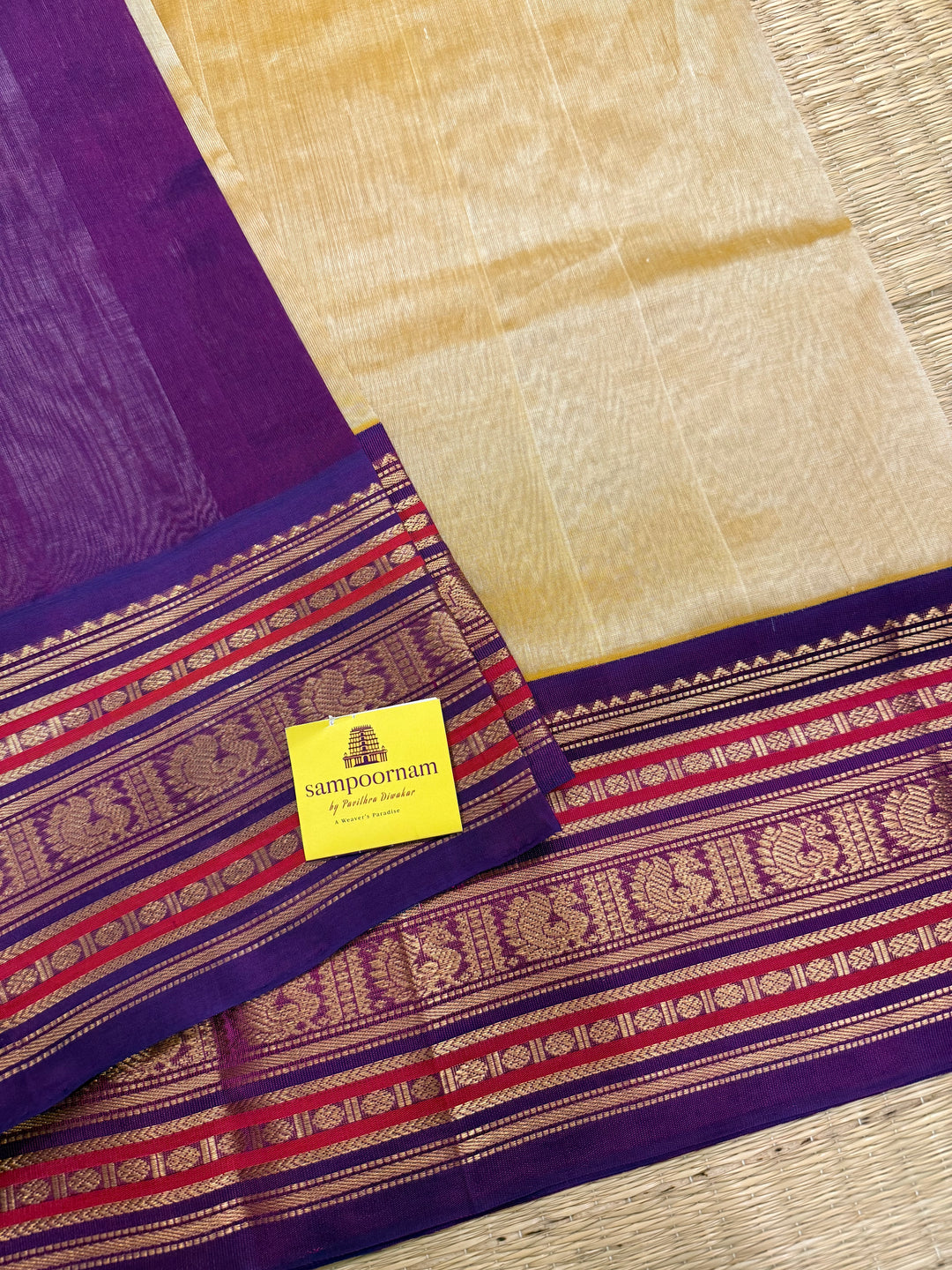 Light Gold with Purple ,rich big Kanchi traditional border and grand Pallu Korvai Silk Cotton Saree