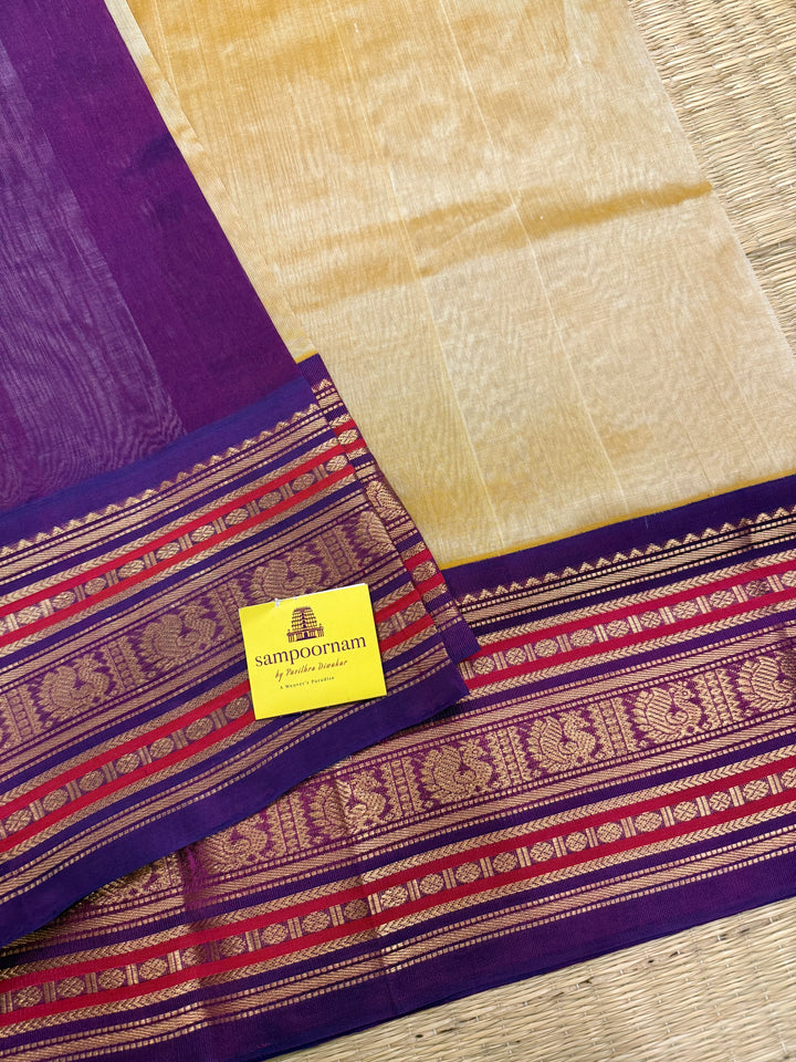 Light Gold with Purple ,rich big Kanchi traditional border and grand Pallu Korvai Silk Cotton Saree