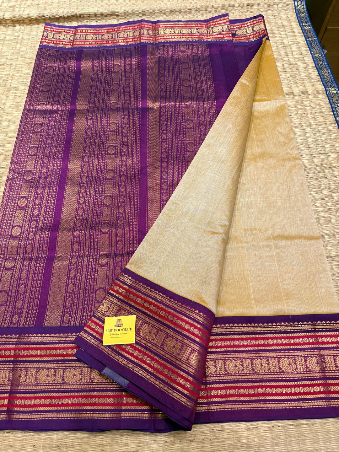 Light Gold with Purple ,rich big Kanchi traditional border and grand Pallu Korvai Silk Cotton Saree