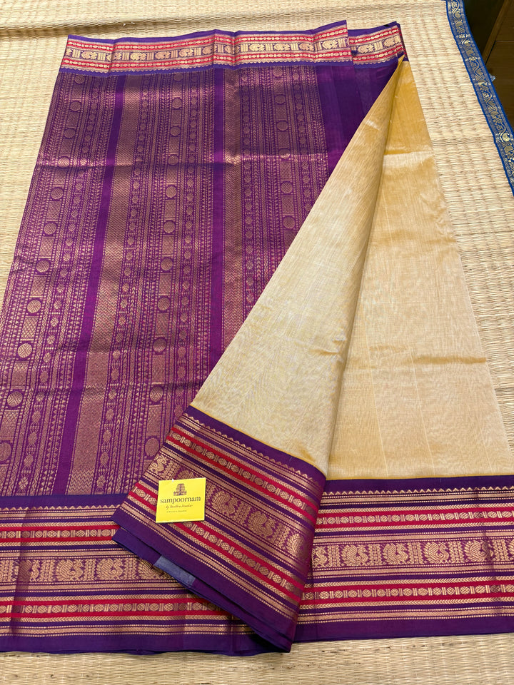Light Gold with Purple ,rich big Kanchi traditional border and grand Pallu Korvai Silk Cotton Saree