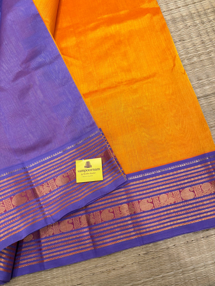 Mambazha Manjal with Lavendeer ,rich big Kanchi traditional border and grand Pallu Korvai Silk Cotton Saree