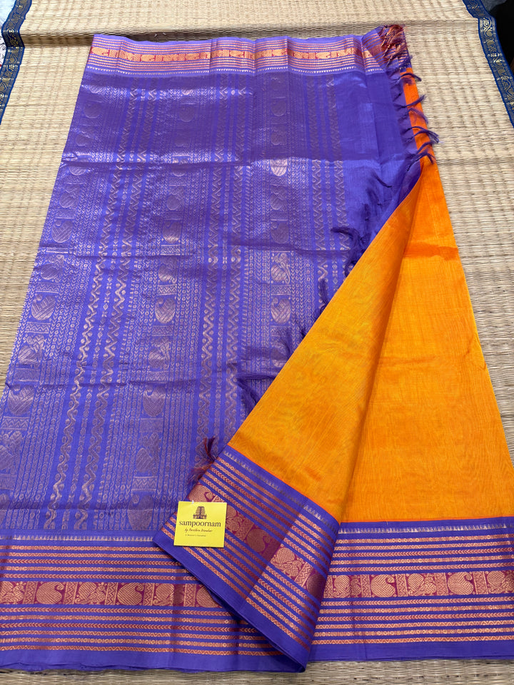Mambazha Manjal with Lavendeer ,rich big Kanchi traditional border and grand Pallu Korvai Silk Cotton Saree