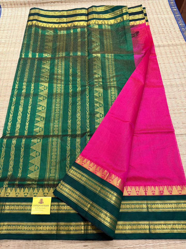 Magenta with Green , Vairaoosi lines in the body , ,traditional borders and rich Pallu korvai Silk Cotton Saree