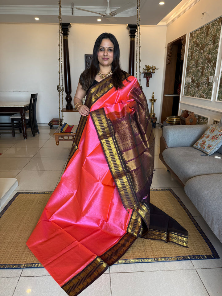 Lotus Pink with Brown traditional Kanchi Borders , rich pallu korvai silk cotton saree