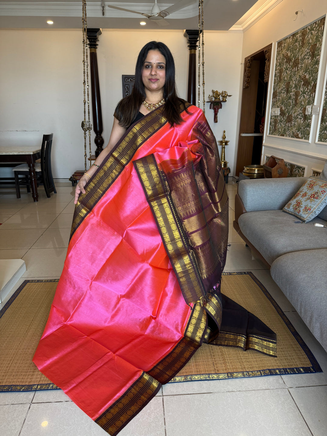 Lotus Pink with Brown traditional Kanchi Borders , rich pallu korvai silk cotton saree