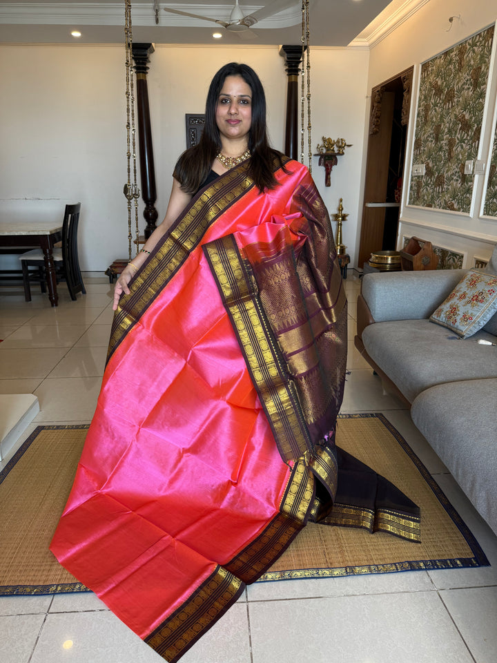 Lotus Pink with Brown traditional Kanchi Borders , rich pallu korvai silk cotton saree