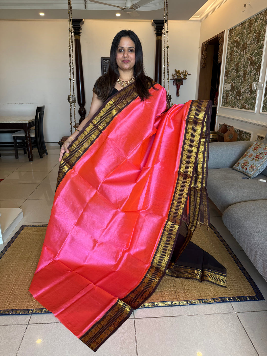 Lotus Pink with Brown traditional Kanchi Borders , rich pallu korvai silk cotton saree