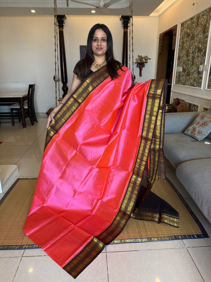Lotus Pink with Brown traditional Kanchi Borders , rich pallu korvai silk cotton saree