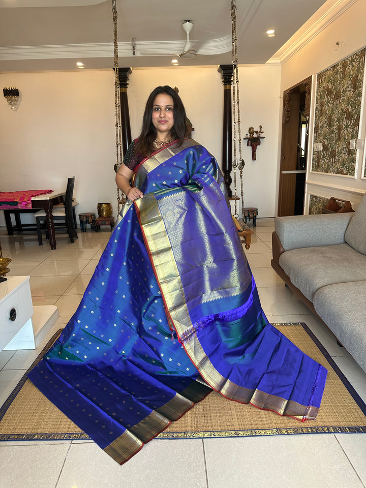 Mayil Kazhuthu Blue with Annam And Rudraksh Butta Rich Border and Pallu Pure Kanjivaram Silk Saree