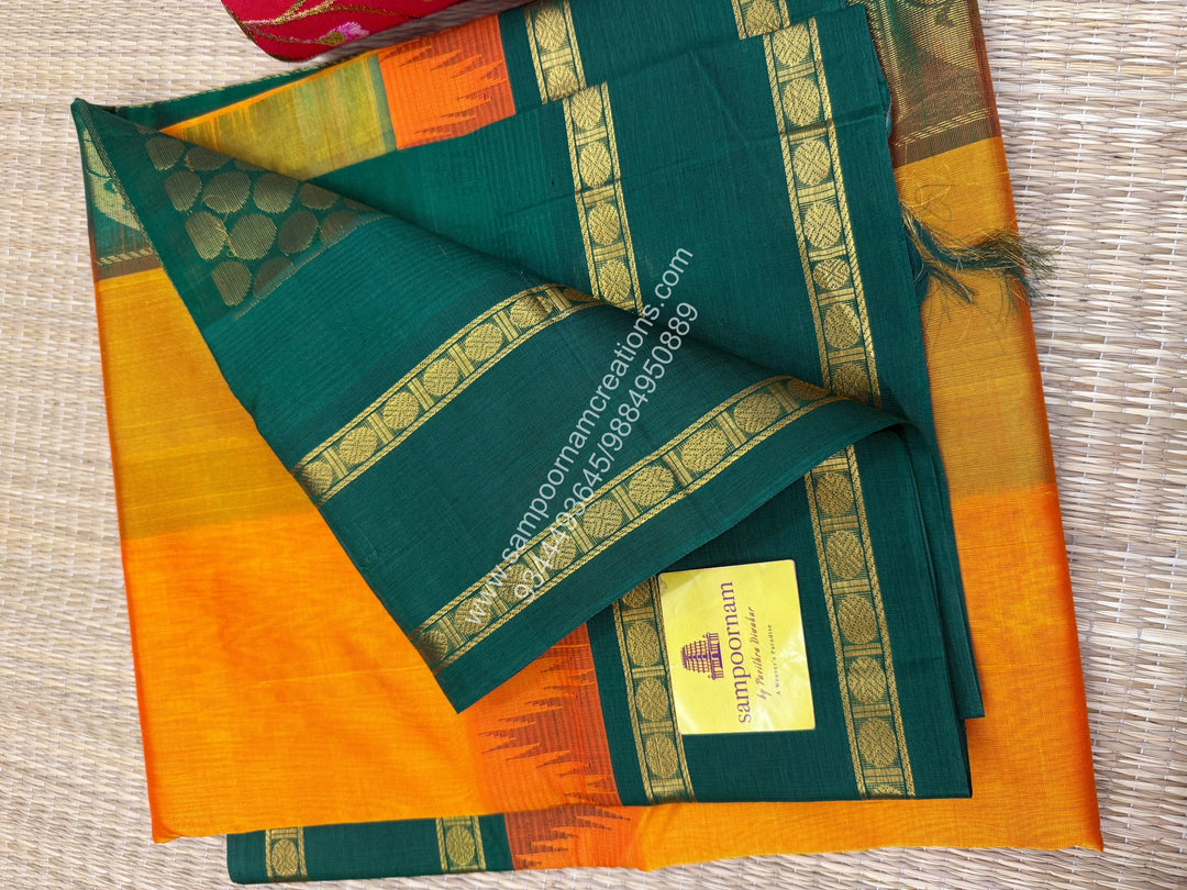 Mambazha Manjal with Green , Temple design with Rettapet border and Grand Pallu Korvai Silk Cotton Saree