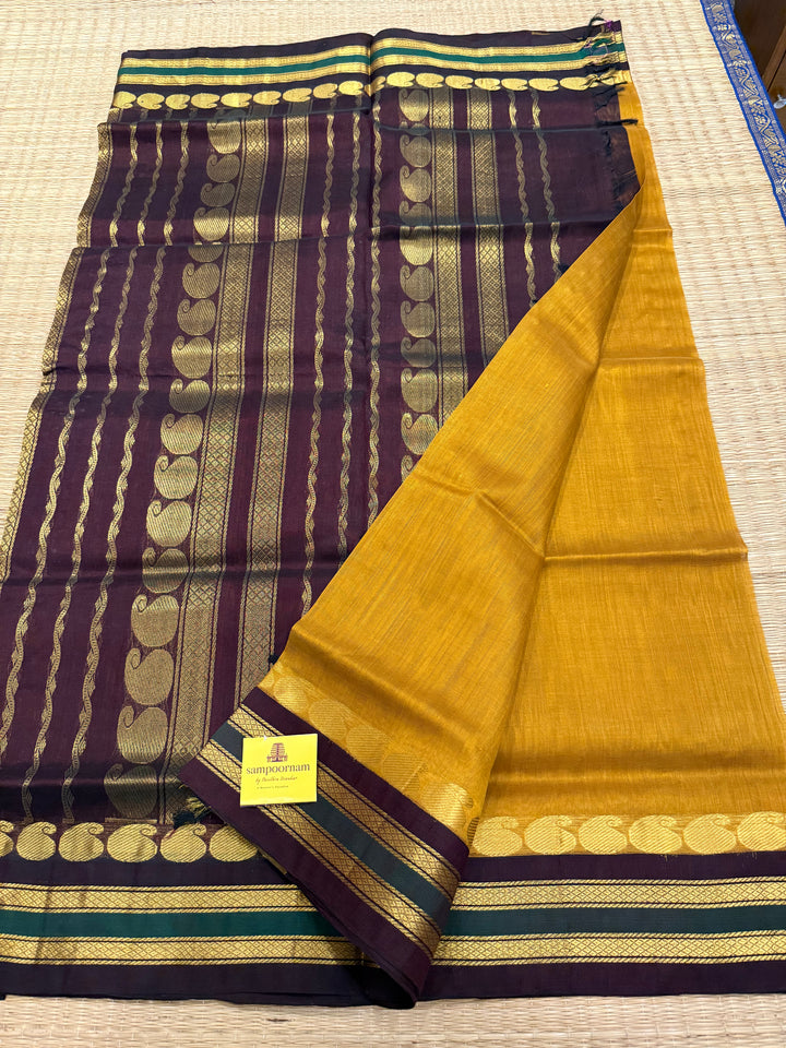 Fenugreek with Brown, traditional borders rich Pallu Korvai Silk Cotton Saree