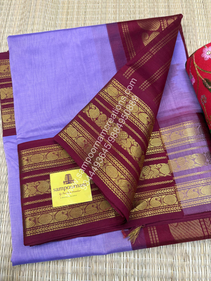 Lavender with Kukum Red , Rich Kanchi border and Grand Pallu Korvai Silk Cotton Saree