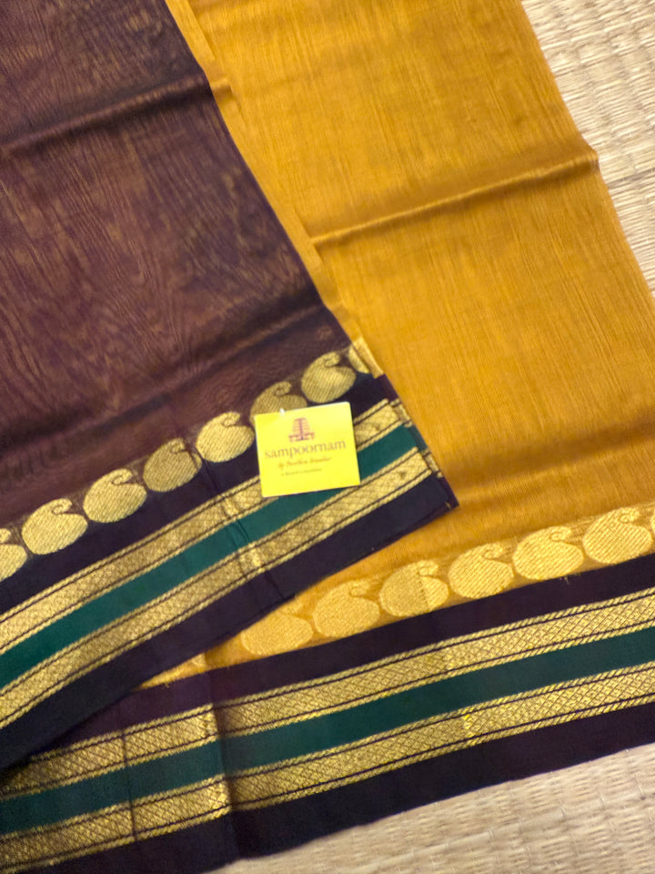 Fenugreek with Brown, traditional borders rich Pallu Korvai Silk Cotton Saree