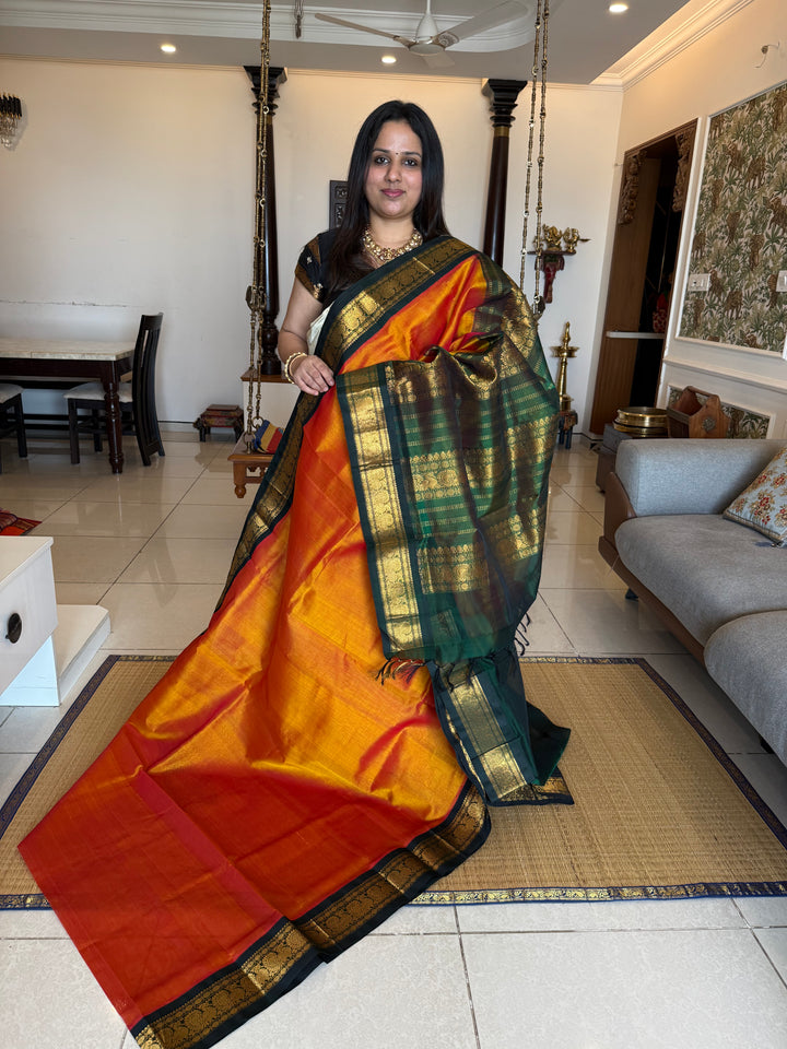 Rust Orange with Dark Green traditional borders rich Pallu Korvai Silk Cotton Saree