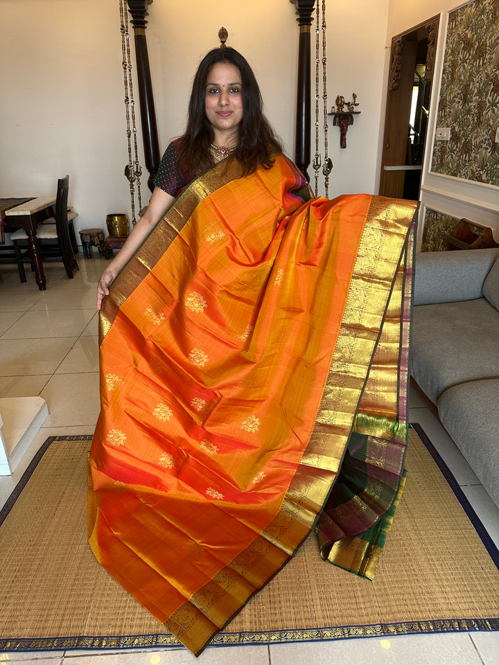 Orange with Greenish Purple Rich Zari Butta , Rich Border and Pallu Pure Kanjivaram Silk Saree