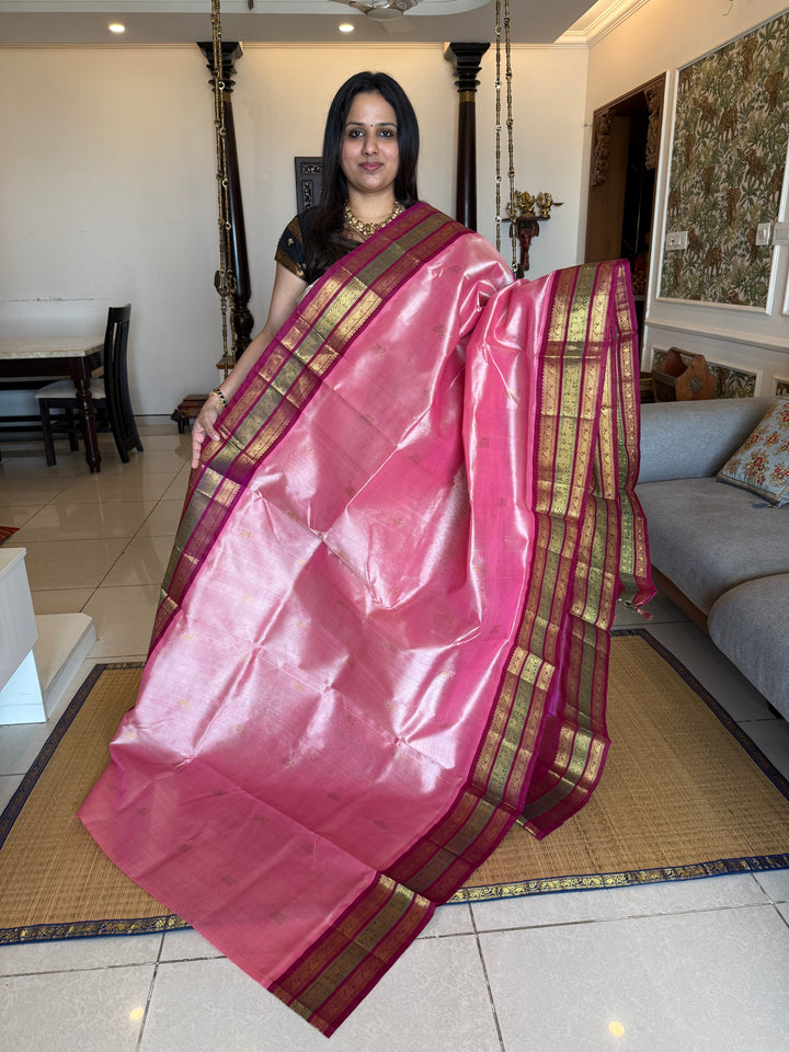 Onion Pink with Magenta , zari butta in the body , Kanchi rich border and traditional Pallu Korvai Silk Cotton Saree