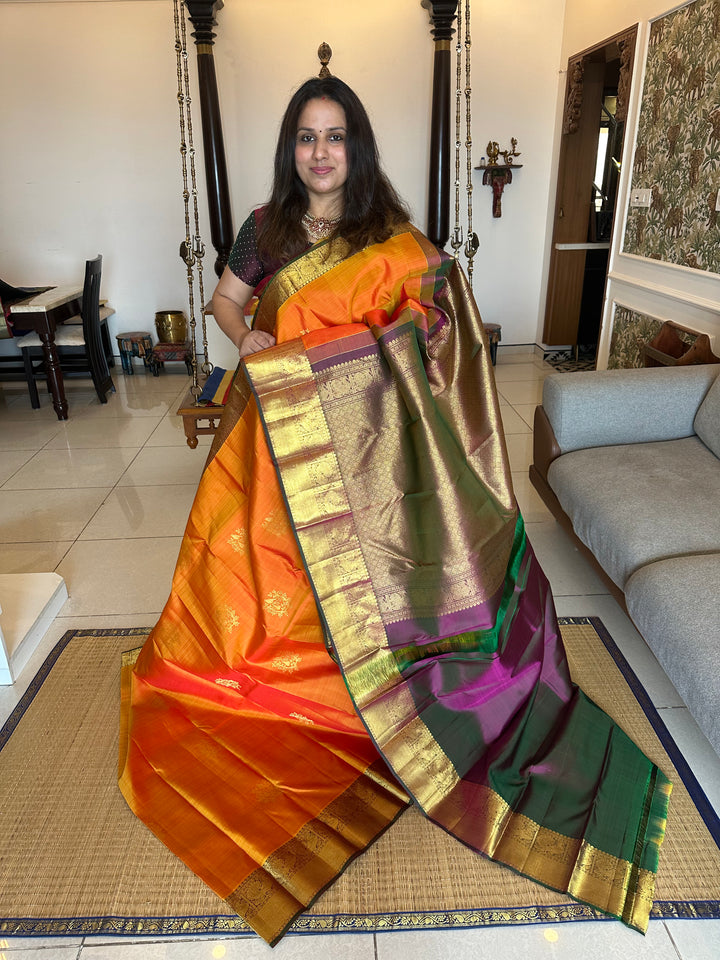 Orange with Greenish Purple Rich Zari Butta , Rich Border and Pallu Pure Kanjivaram Silk Saree