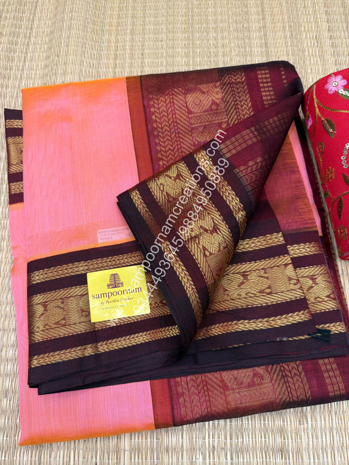 Peachish Pink with Maroon . Traditional borders and  Grand Pallu Korvai Silk Cotton Saree