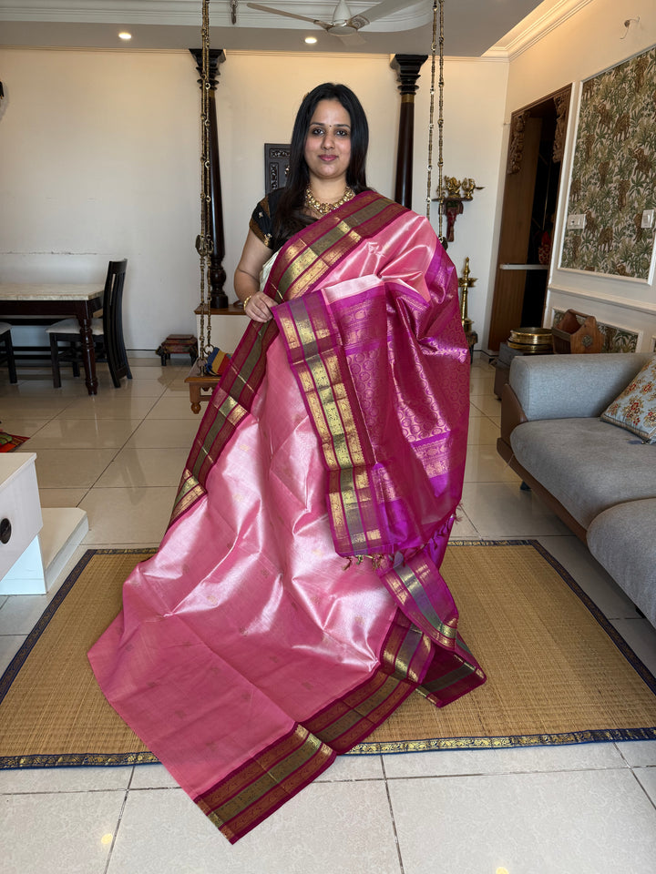 Onion Pink with Magenta , zari butta in the body , Kanchi rich border and traditional Pallu Korvai Silk Cotton Saree