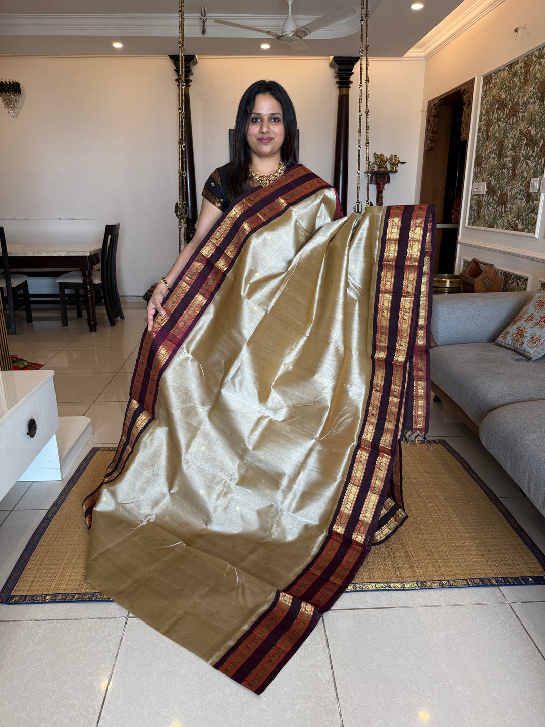 Light Gold  ,rich zari butta in the body , Kanchi rich border and traditional Pallu Korvai Silk Cotton SareeGold with Dark Maroon