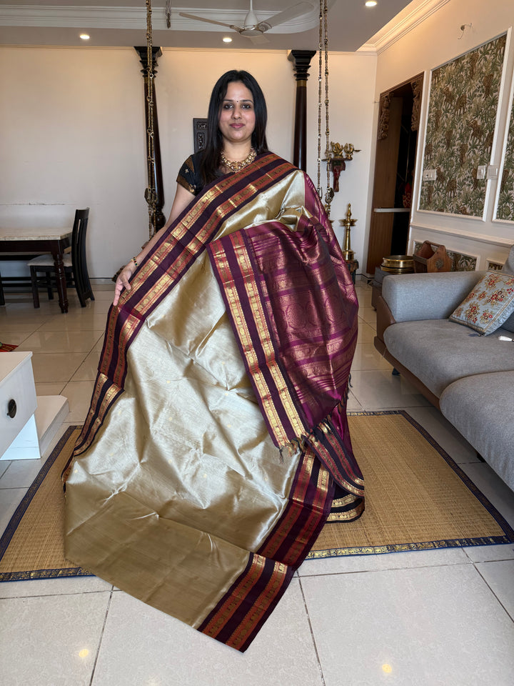 Light Gold  ,rich zari butta in the body , Kanchi rich border and traditional Pallu Korvai Silk Cotton SareeGold with Dark Maroon