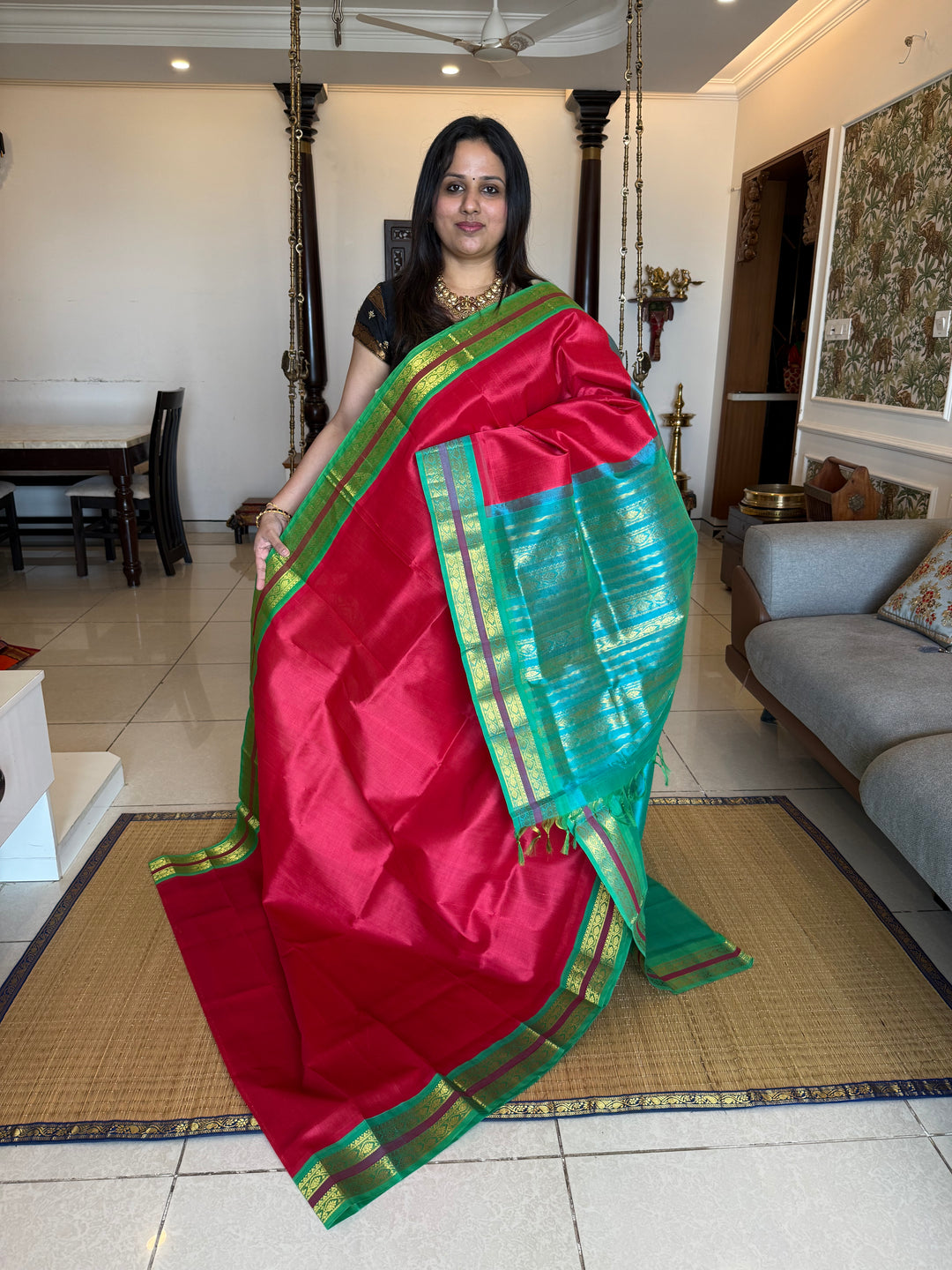 Pinkish Red with Ganga Jamuna border Green and Turquoise Blue  traditional borders rich Pallu Korvai Silk Cotton Saree