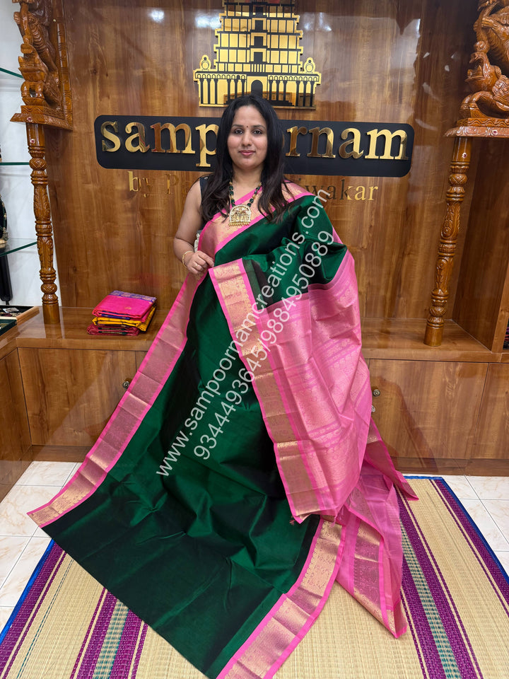 Green with Baby Pink , Traditional border and Grand Pallu Korvai Silk Cotton Saree