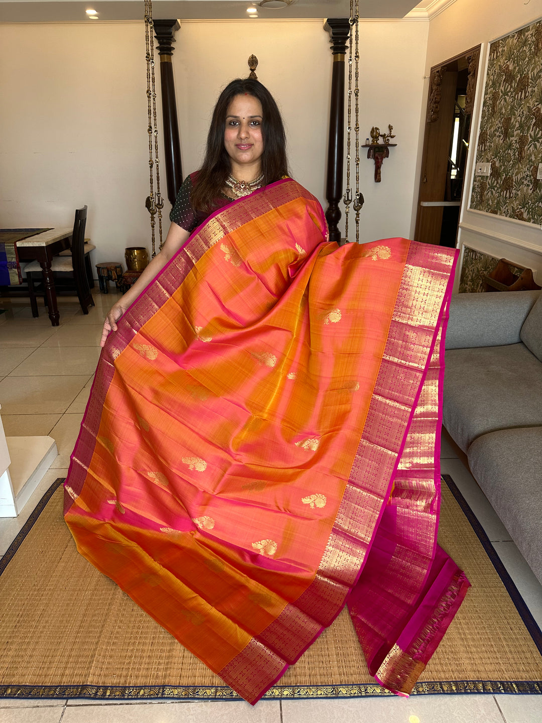 Orangish Pink with Pink, Rich Rudraksh Border , Grand Border and Pallu