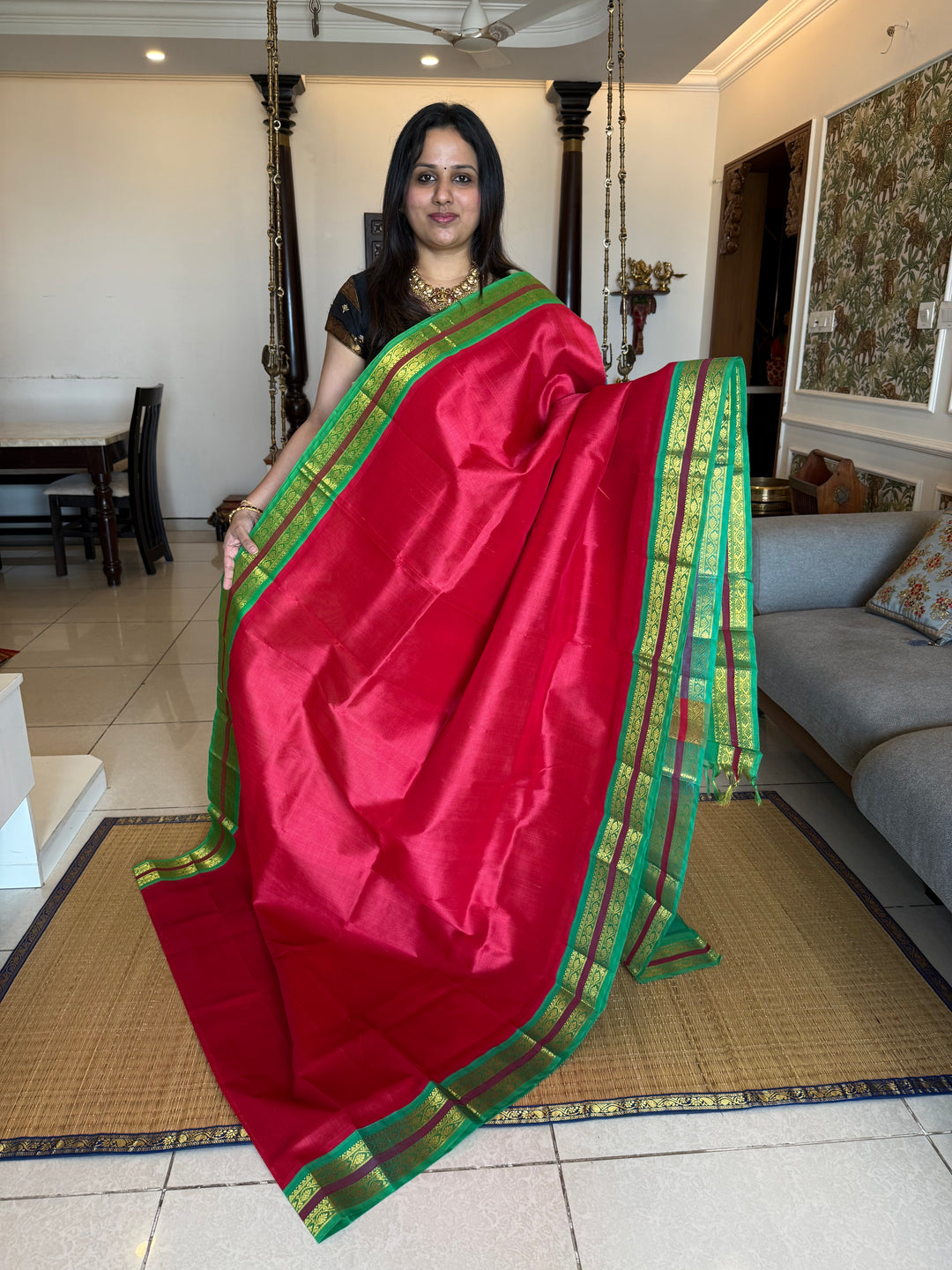 Pinkish Red with Ganga Jamuna border Green and Turquoise Blue  traditional borders rich Pallu Korvai Silk Cotton Saree