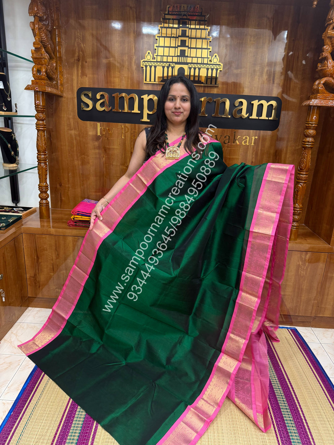 Green with Baby Pink , Traditional border and Grand Pallu Korvai Silk Cotton Saree