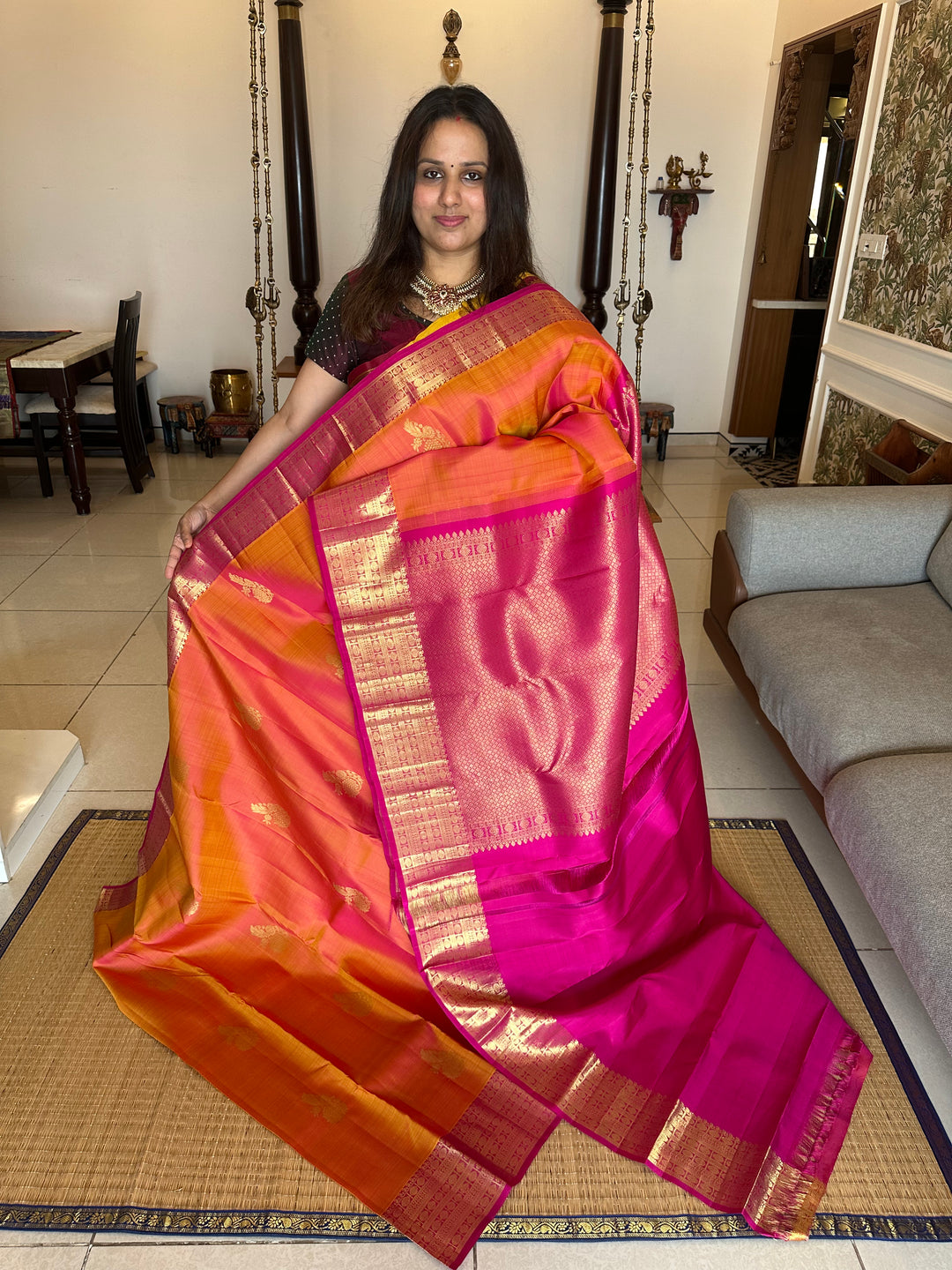 Orangish Pink with Pink, Rich Rudraksh Border , Grand Border and Pallu