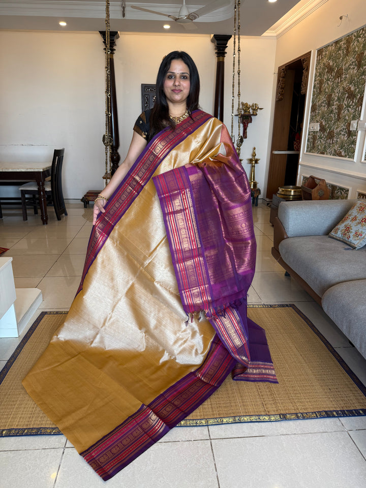 Light Gold with Purple ,rich big Kanchi traditional border and grand Pallu Korvai Silk Cotton Saree