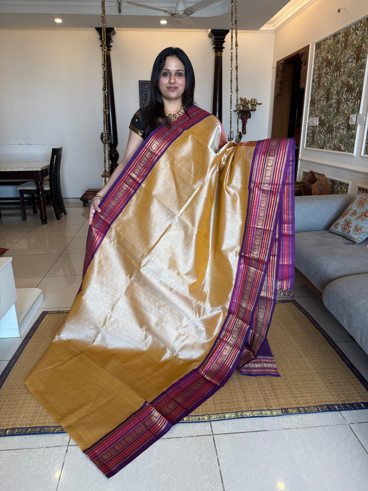 Light Gold with Purple ,rich big Kanchi traditional border and grand Pallu Korvai Silk Cotton Saree