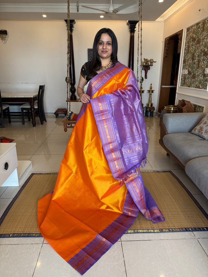 Mambazha Manjal with Lavendeer ,rich big Kanchi traditional border and grand Pallu Korvai Silk Cotton Saree