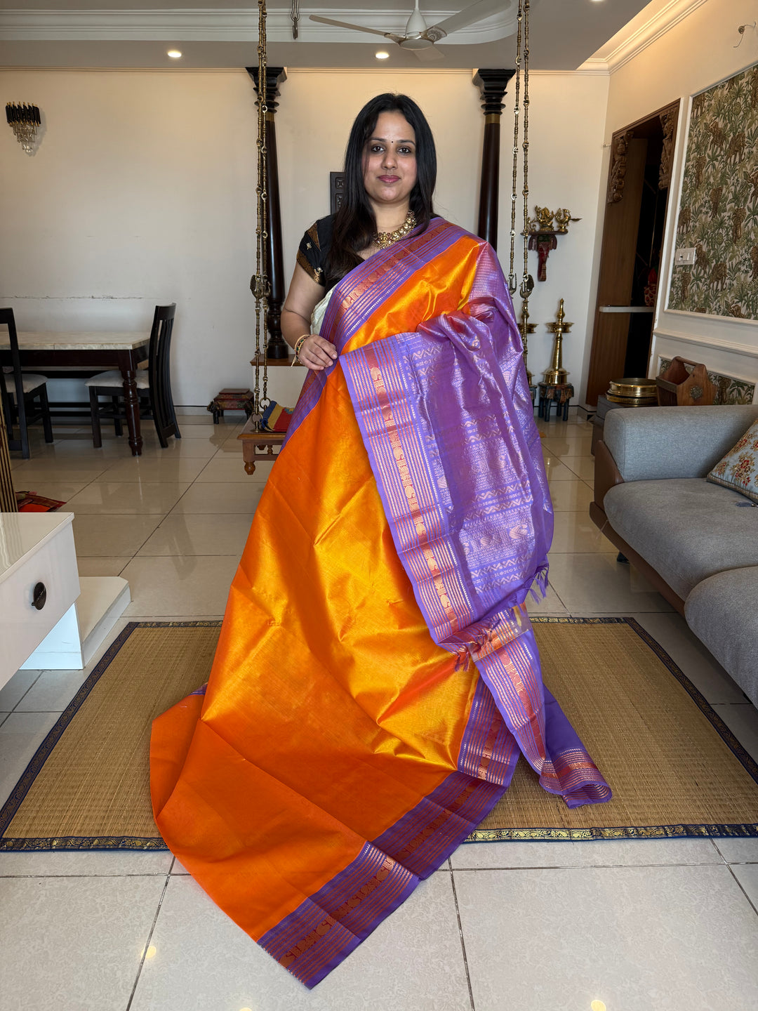 Mambazha Manjal with Lavendeer ,rich big Kanchi traditional border and grand Pallu Korvai Silk Cotton Saree