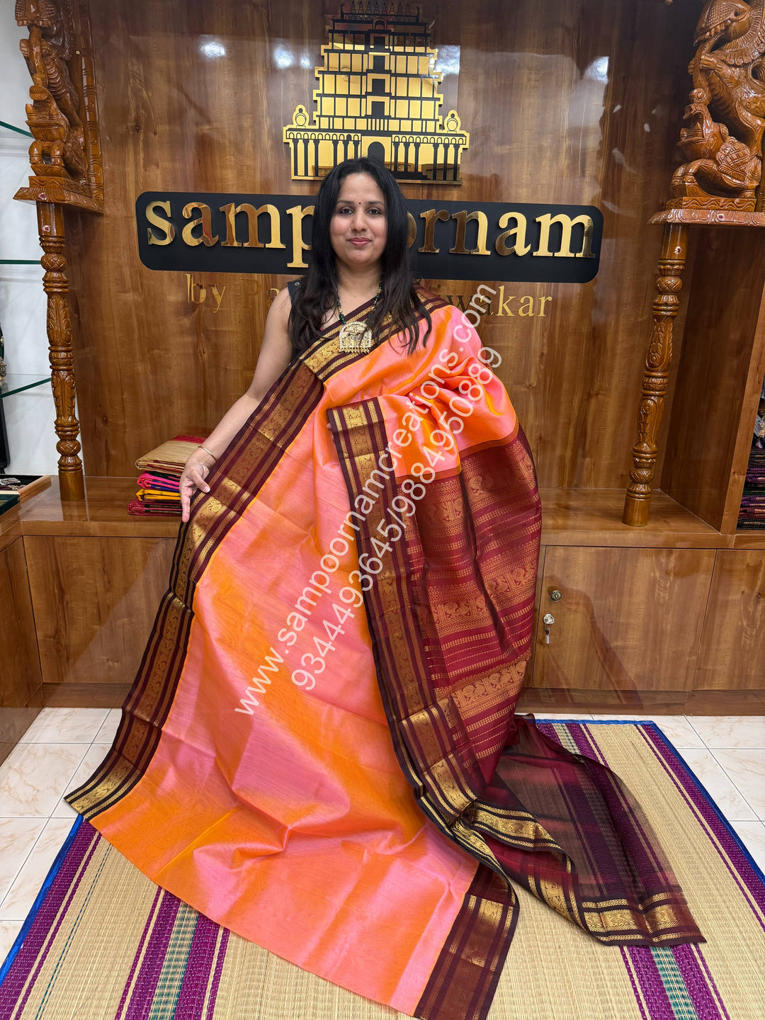 Peachish Pink with Maroon . Traditional borders and  Grand Pallu Korvai Silk Cotton Saree