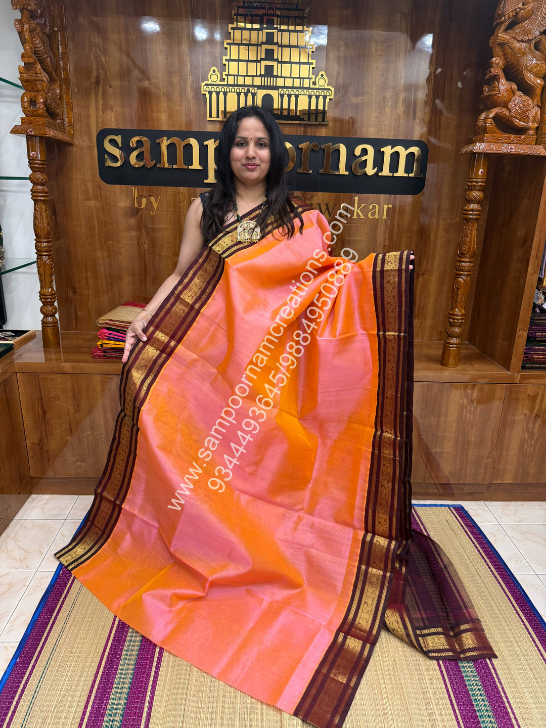Peachish Pink with Maroon . Traditional borders and  Grand Pallu Korvai Silk Cotton Saree