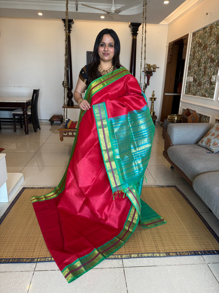 Pinkish Red with Ganga Jamuna border Green and Turquoise Blue  traditional borders rich Pallu Korvai Silk Cotton Saree