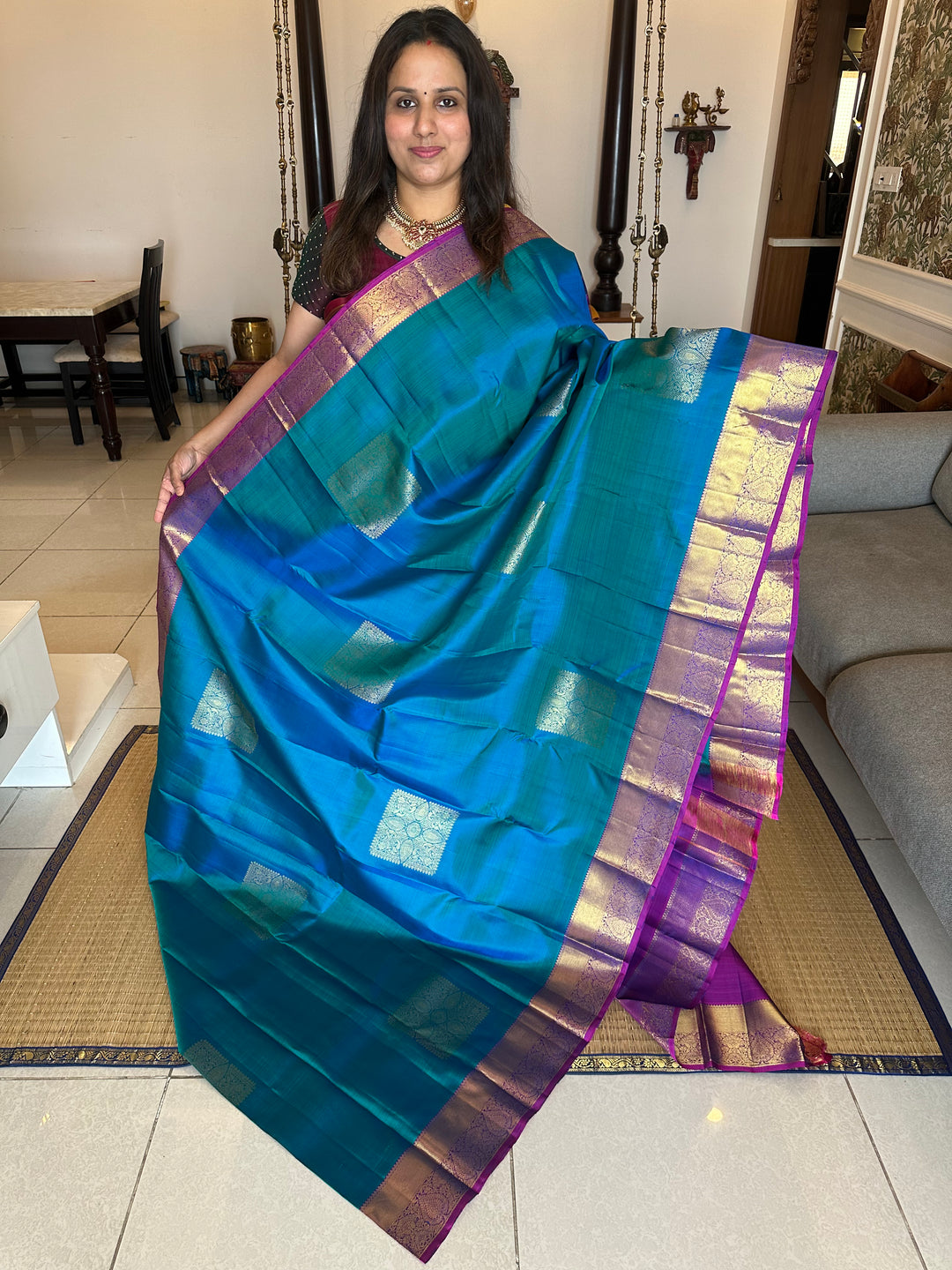 Blue with Purple Rich Body Square Butta and Rich Border Pallu Pure Kanjivaram Silk Saree